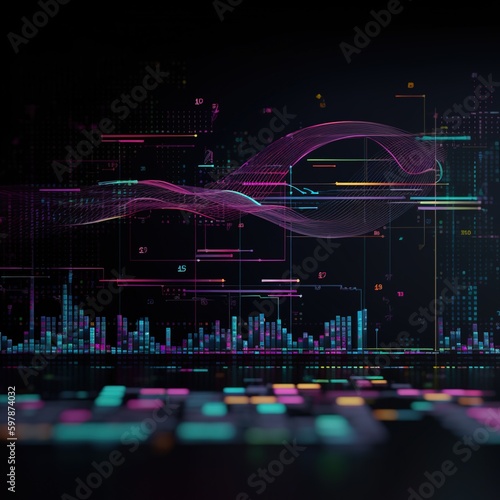 Genom sequencing visualization. Information visualization. Chart. Neon colors. Futuristic. Generative AI.  © colacino.art