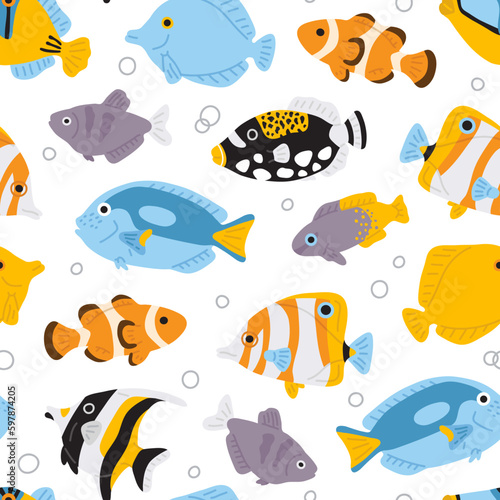 Vector seamless background pattern with exotic fishes for surface pattern design © boyusya
