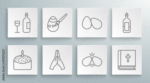 Set line Easter cake and candle, egg paint brush, Hands praying position, eggs, Holy bible book, Bottle of wine and Wine bottle with glass icon. Vector