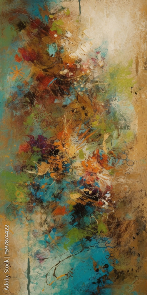 An abstract, textured, multi-colour painting of acrylic flowers on a canvas