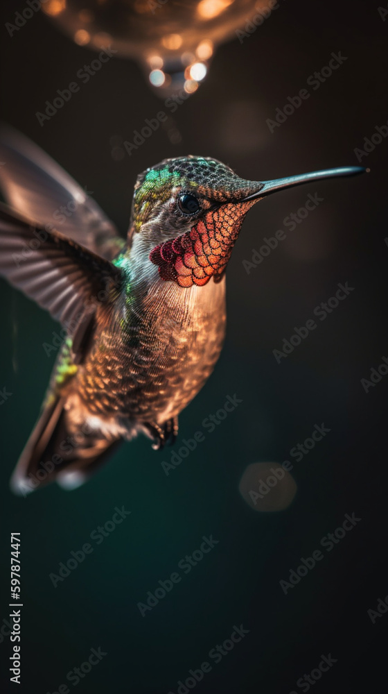 Fototapeta premium A beautiful, in focus, iridescent ruby-throated hummingbird suspended in mid air.