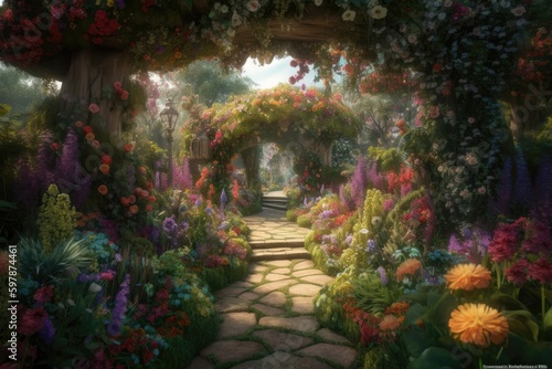 Magical garden in full bloom, with vibrant, fantastical flowers and plants growing in every direction. Generative AI