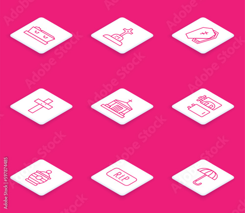 Set line Coffin with dead, Grave cross, Christian, Old crypt, Crematorium, Funeral urn and Speech bubble rip death icon. Vector