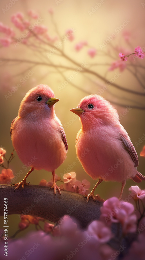 Two super cute fluffy, pink birds sat on a pink blooming tree.