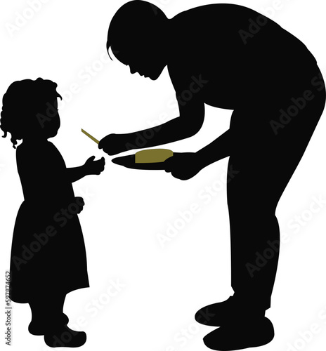 woman giving food to girl, silhouette vector