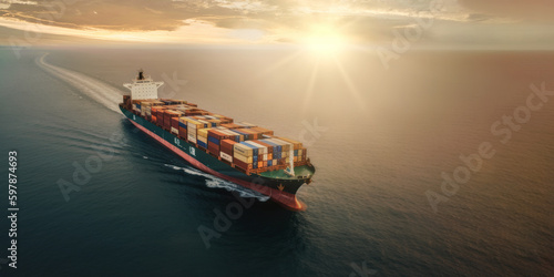 Large cargo ship transports many containers over calm sea, rising sun shines to ocean background. Generative AI