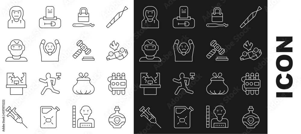 Set line Poison in bottle, Dynamite and timer clock, Burning car, Lock picks for picking, Thief surrendering hands up, mask, and Judge gavel icon. Vector Set line Poison in bottle, Dynamite and timer clock, Burning car, Lock picks for picking, Thief surrendering hands up, mask, and Judge gavel icon. Vector