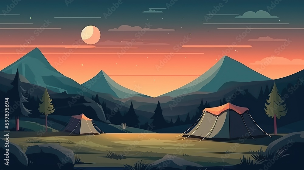 A cartoon illustration of a camping tent near a forest lake at sunset outdoor exploration travel - obrazy, fototapety, plakaty 