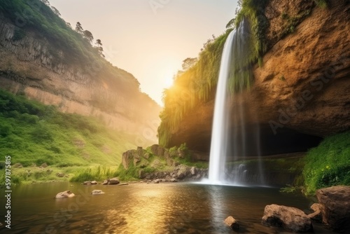 Majestic waterfall at sunrise  featuring a cascading sheet of water plunging into a serene pool surrounded by lush vegetation and rocky cliffs. Generative AI