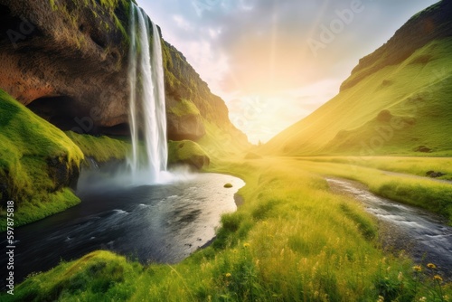 Majestic waterfall at sunrise, featuring a cascading sheet of water plunging into a serene pool surrounded by lush vegetation and rocky cliffs. Generative AI