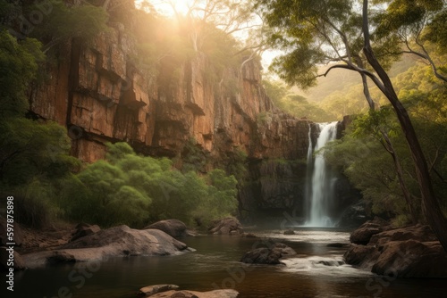 Majestic waterfall at sunrise  featuring a cascading sheet of water plunging into a serene pool surrounded by lush vegetation and rocky cliffs. Generative AI