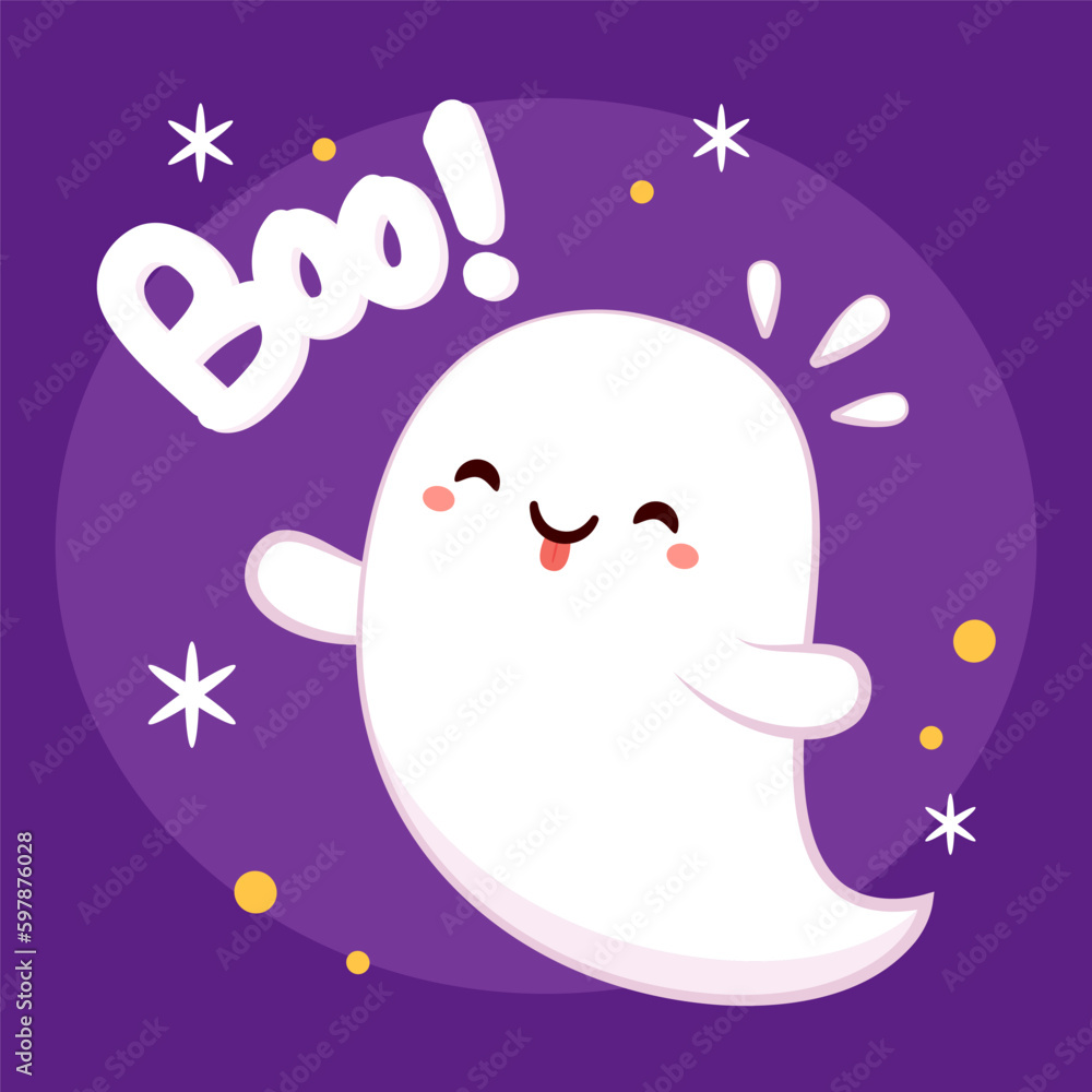 Cute ghost floating for Trick or Treat. Funny spooky boo character. Spook phantom with happy smiling face expression. Isolated kids flat vector illustration.