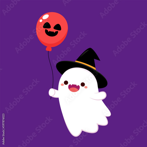 Cute ghost floating for Trick or Treat. Funny spooky boo character. Spook phantom with happy smiling face expression. Isolated kids flat vector illustration. Halloween balloon vector.