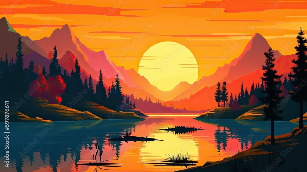 A cartoon image of a lake with a sunset in the landscape background outdoor explore travel illustration - obrazy, fototapety, plakaty 