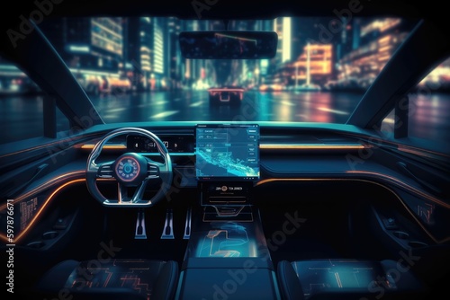 Modern smart car technology intelligent system. Navigator on car dashboard. Smart car interior concept with modern touch screens at night time. In the style of cyberpunk, hdr, modern. Generative AI © Kanisorn