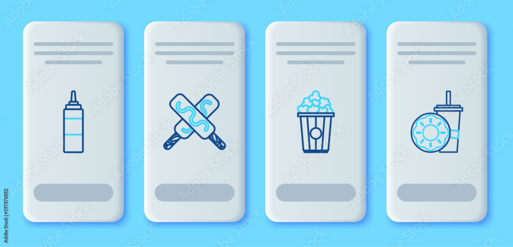 Set line Ice cream, Popcorn in cardboard box, Sauce bottle and Paper glass with drinking straw and donut icon. Vector