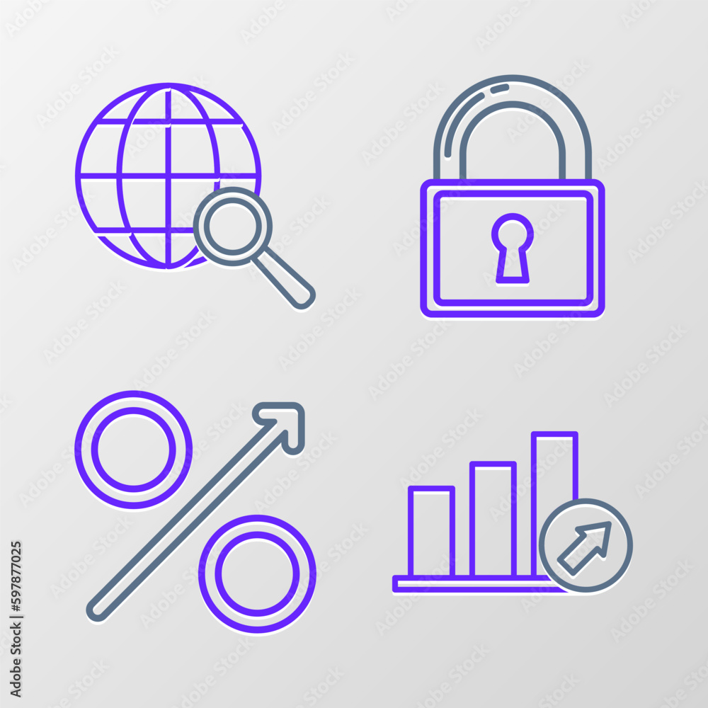 Set line Presentation financial with graph, schedule, chart, diagram, infographic, pie graph, Percent up arrow, Lock and Magnifying glass globe icon. Vector Set line Presentation financial with graph, schedule, chart, diagram, infographic, pie graph, Percent up arrow, Lock and Magnifying glass globe icon. Vector