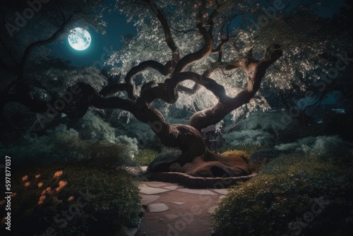Mysterious garden at night with a full moon shining bright overhead, featuring a towering tree with gnarled roots and branches stretching towards the sky. Generative AI