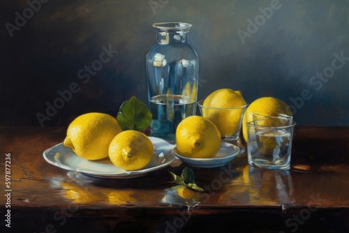 Oil painting. Still Life with Lemons. Generative AI