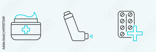Set line Pills in blister pack, Ointment cream tube medicine and Inhaler icon. Vector