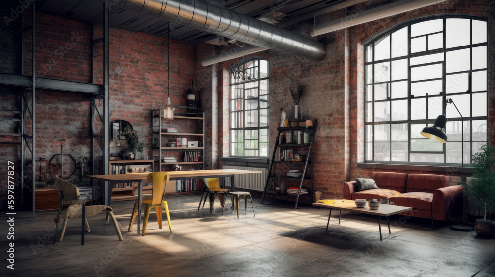 Interior design in loft style. Illustration AI Generative. Interior design in loft style. Illustration AI Generative.
