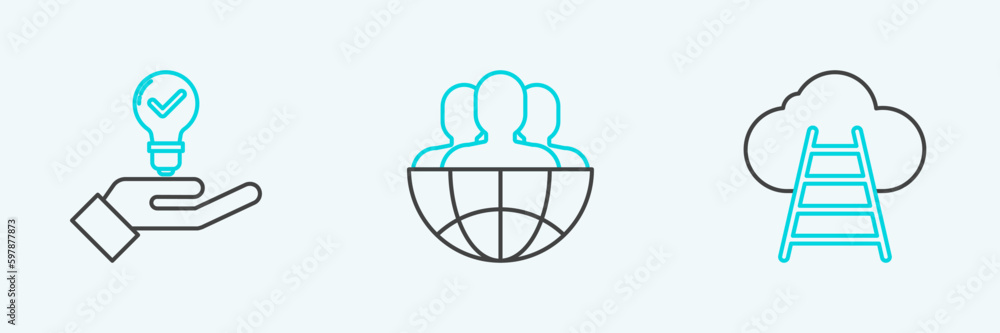 Set line Ladder leading to cloud, Light bulb hand and Globe people icon. Vector Set line Ladder leading to cloud, Light bulb hand and Globe people icon. Vector