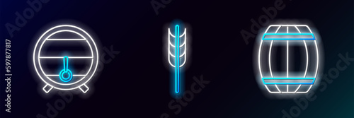 Set line Wooden barrel, on rack with stopcock and Cereals set rice, wheat, corn, oats, rye, barley icon. Glowing neon. Vector