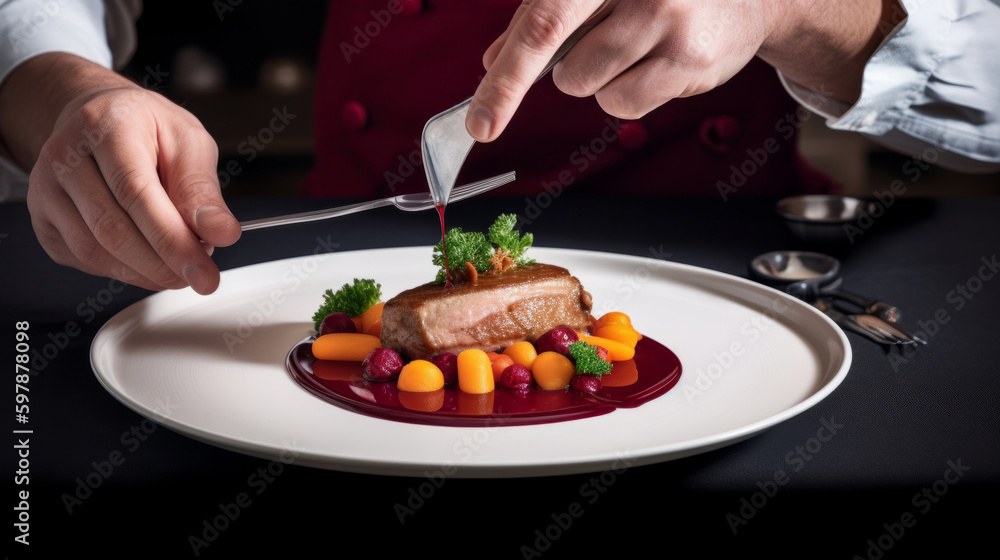 Pan fried pink duck onto a bed of parsnip puree with seasonal autumn vegetables Illustration AI Generative.