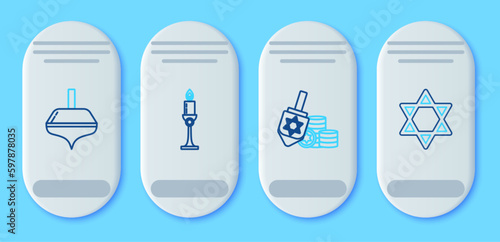 Set line Burning candle in candlestick, Hanukkah dreidel coin, and Star of David icon. Vector