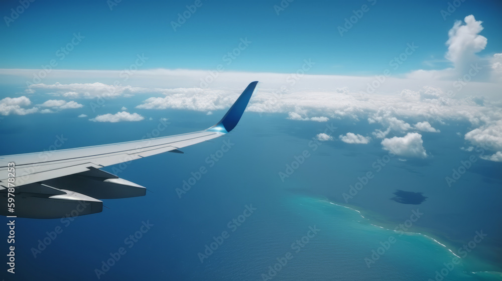 Airplane on tropical background. Illustration AI Generative. Airplane on tropical background. Illustration AI Generative.
