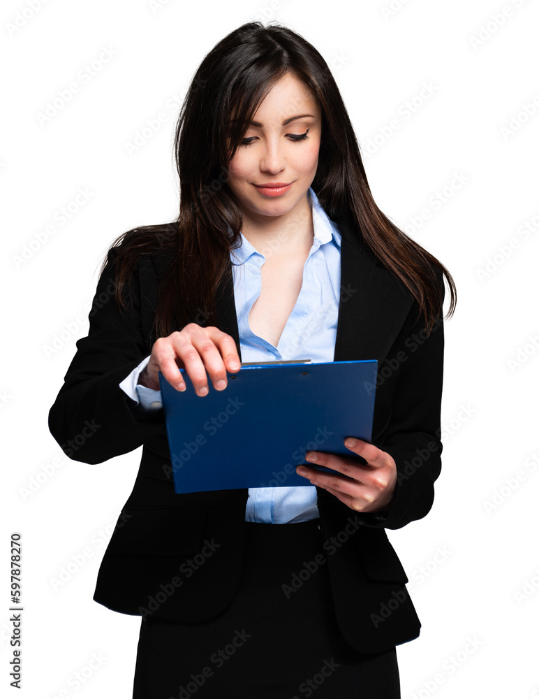 Beautiful businesswoman portrait isolated on white and holding a clipboard Beautiful businesswoman portrait isolated on white and holding a clipboard