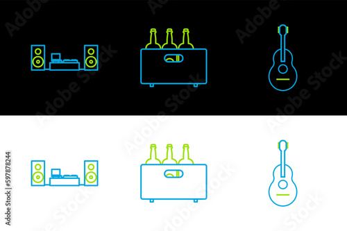 Set line Guitar, Home stereo with two speakers and Bottles of wine in wooden box icon. Vector