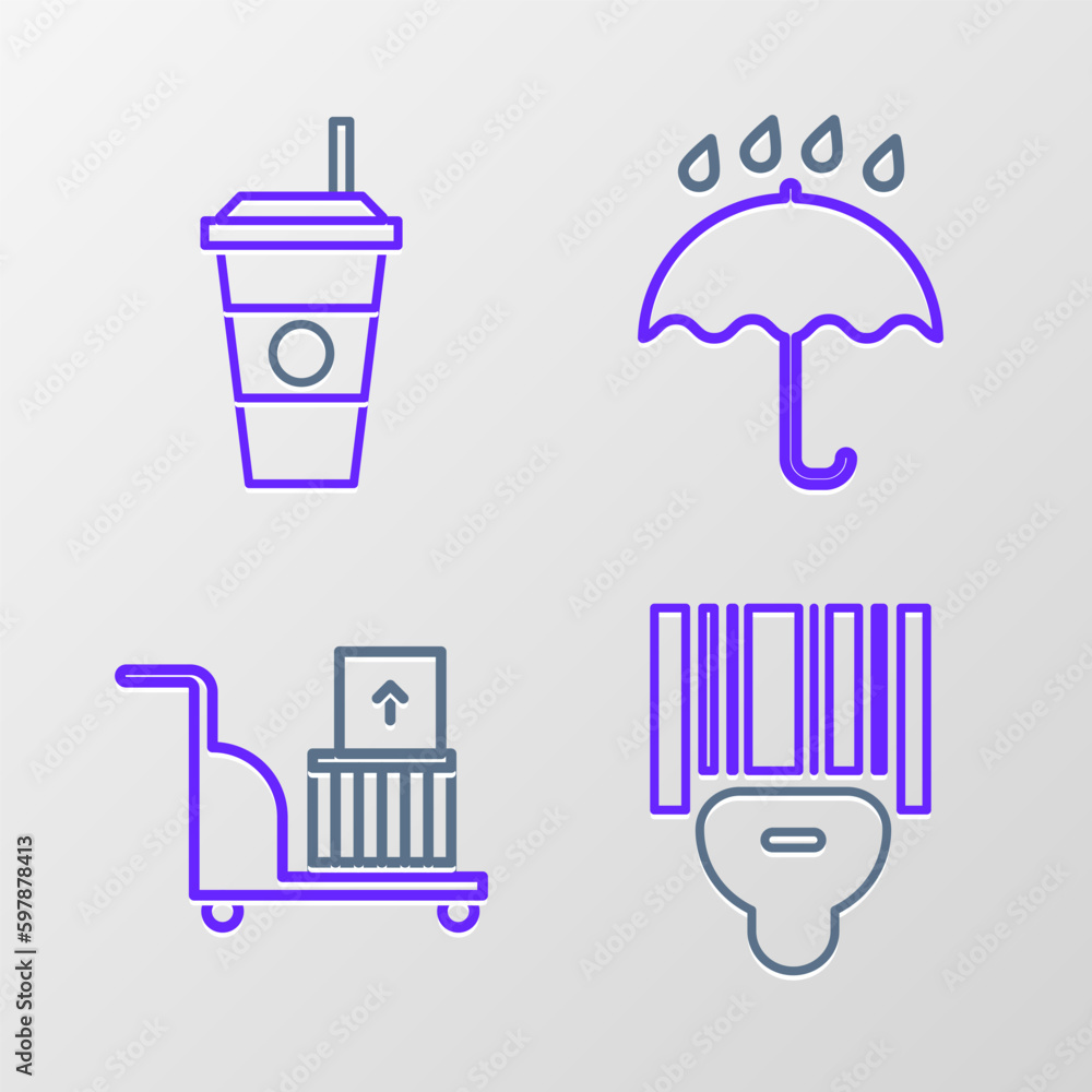 Set line Scanner scanning bar code, Electric hand truck and boxes, Umbrella rain drops and Coffee cup icon. Vector Set line Scanner scanning bar code, Electric hand truck and boxes, Umbrella rain drops and Coffee cup icon. Vector