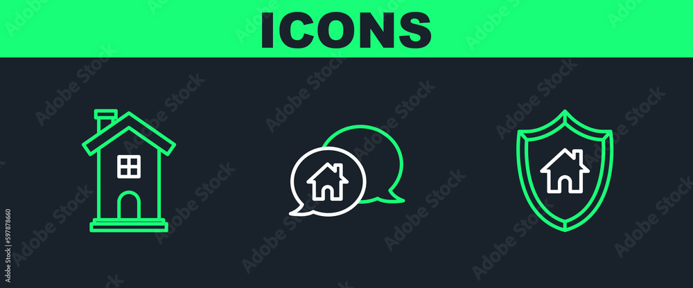 Set line House with shield, Home symbol and building in speech bubble icon. Vector Set line House with shield, Home symbol and building in speech bubble icon. Vector