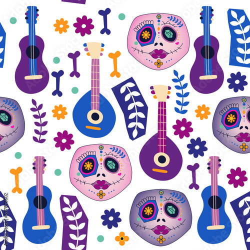 Seamless pattern with sugar skulls, bones, leaves, flowers, music instrument with changeable background. 