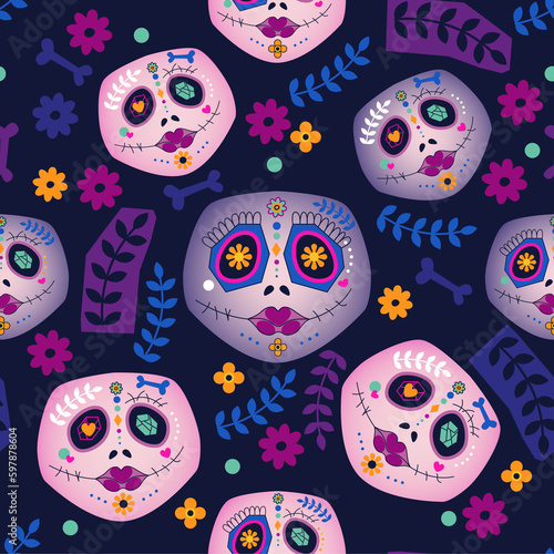 Mexico seamless pattern with sugar skulls, bones, leaves, flowers on dark background. 