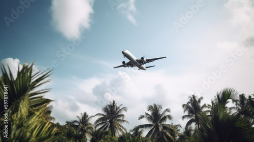 Airplane on tropical background. Illustration AI Generative.