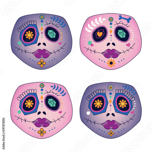 Set of sugar skulls perfect for stickers design. Symbols of Mexican Day of the Dead. Vector illustrations. 
