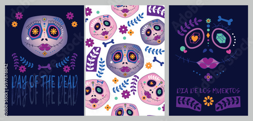 Set of cards with sugar cute skulls. Vector illustrations for Mexican Day of the Dead. Printable design.   photo