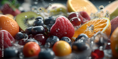 Fruits and  splashes with drops of water on wooden table, closeup. Artistic blur. Generative AI technology.
