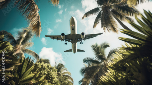 Airplane on tropical background. Illustration AI Generative. photo