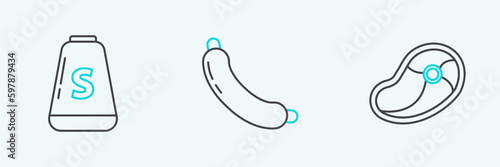 Set line Steak meat, Salt and Sausage icon. Vector