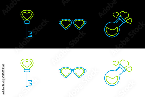 Set line Bottle with love potion, Key in heart shape and Heart shaped glasses icon. Vector