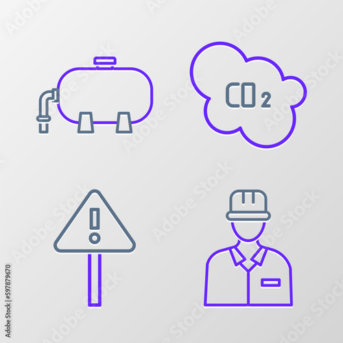 Set line Oilman, Exclamation mark in triangle, CO2 emissions cloud and industrial factory building icon. Vector