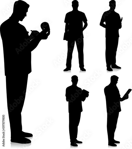 Silhouette of healthcare worker. Doctor with a stethoscope and clipboard. Male nurse in uniform. Vector flat style illustration set isolated on white. Full length view