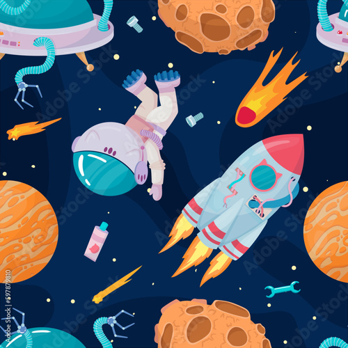 Cosmonaut in outer space. UFOs, spaceships, rockets. Solar system, intergalactic travel. Galaxies, planets, asteroids, comets, shooting stars. Vector illustration in cartoon style on  background.