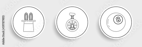 Set line Magic ball of predictions, Magician hat and rabbit ears and Unicycle or one wheel bicycle icon. Vector