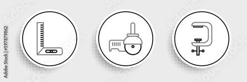 Set line Clamp and screw tool, Corner ruler and Angle grinder icon. Vector