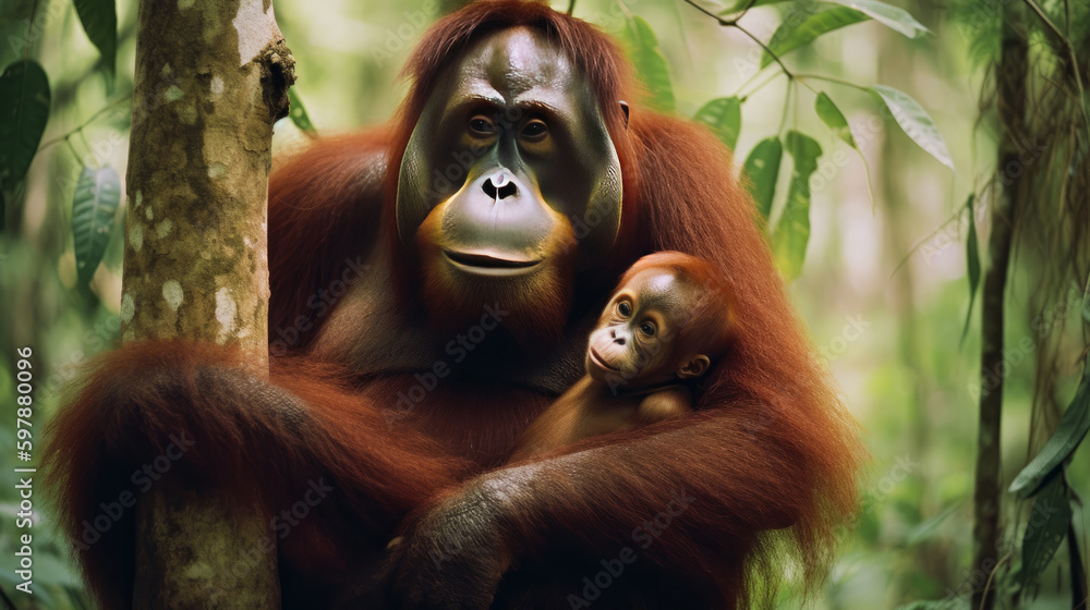 Orangutan mother and child. Illustration AI Generative. Orangutan mother and child. Illustration AI Generative.