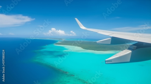 Airplane on tropical background. Illustration AI Generative.